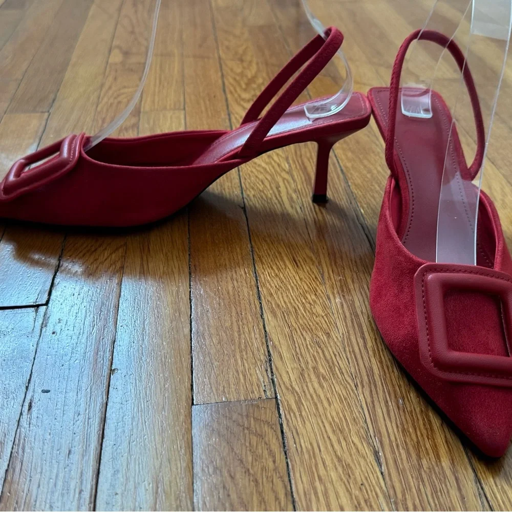 H&M Red Slingback Heels with Buckle, size 7 classic retro boho pointy toe office - Picture 9 of 11